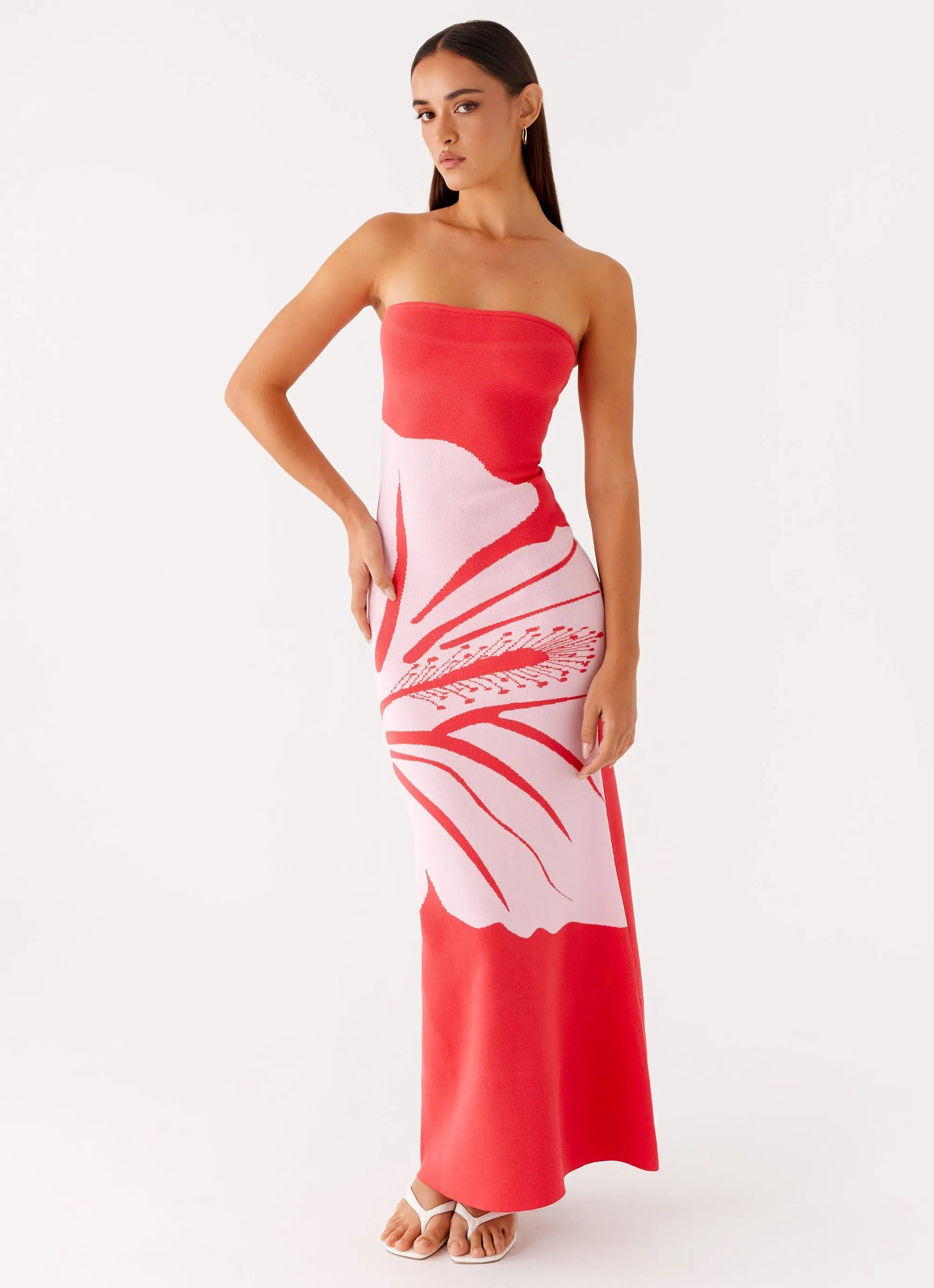 Fall Tone Chic Fit Wear Jala Strapless Knit Maxi Dress - Red Floral