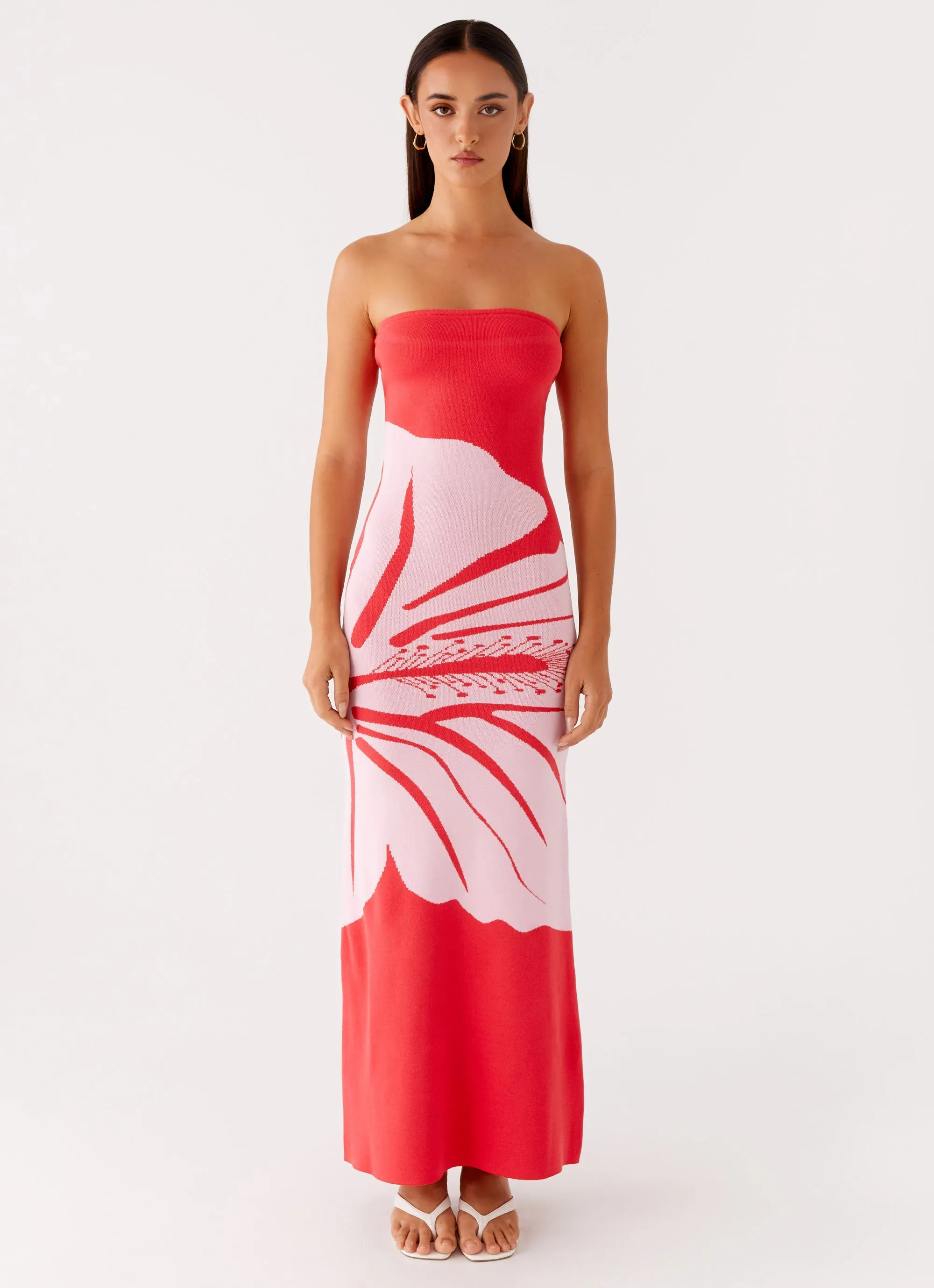 Jala Strapless Knit Maxi Dress - Red Floral Bold Touch