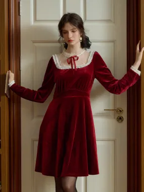 Minimal Outfit Janelle Retro Elegant Bow Lace Splicing Round Neck Velvet Dress