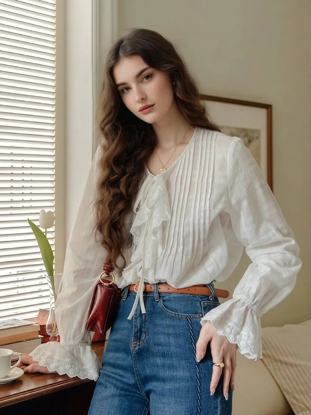 Jayla V-Neck Pleats Trumpet Sleeve Blouse AthleisureReady Overlock Edging