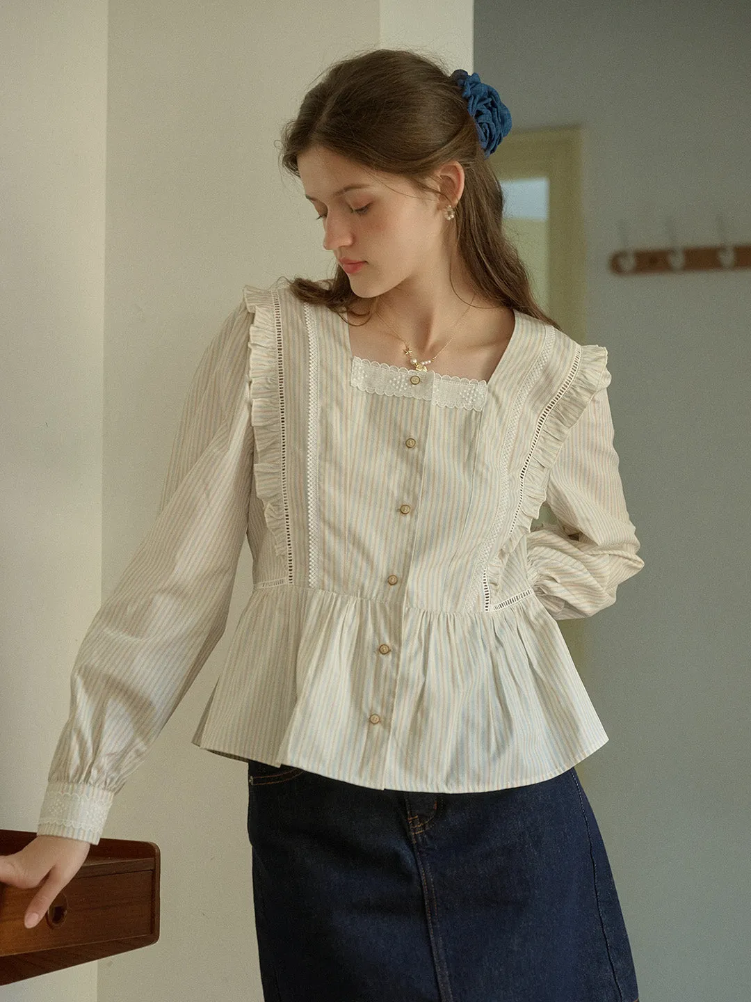 Tear Resistant Reinforcement Yarn Dyed Fabric Jazmin French Square Neck Lace Trim Striped Blouse