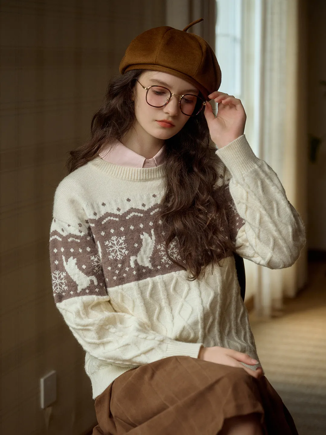 Thermal Regulating Fabric YarnDyedQuality Johanna SR Exclusive Cat & Snowflake Jacquard Round Neck Fair Isle Sweater