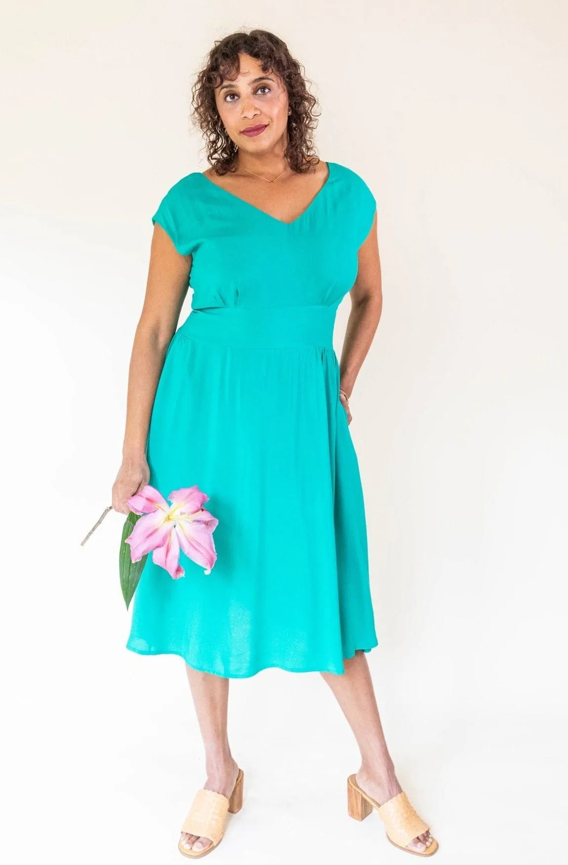 Joy dress in Teal Challis Floral-Pattern Front-Slit