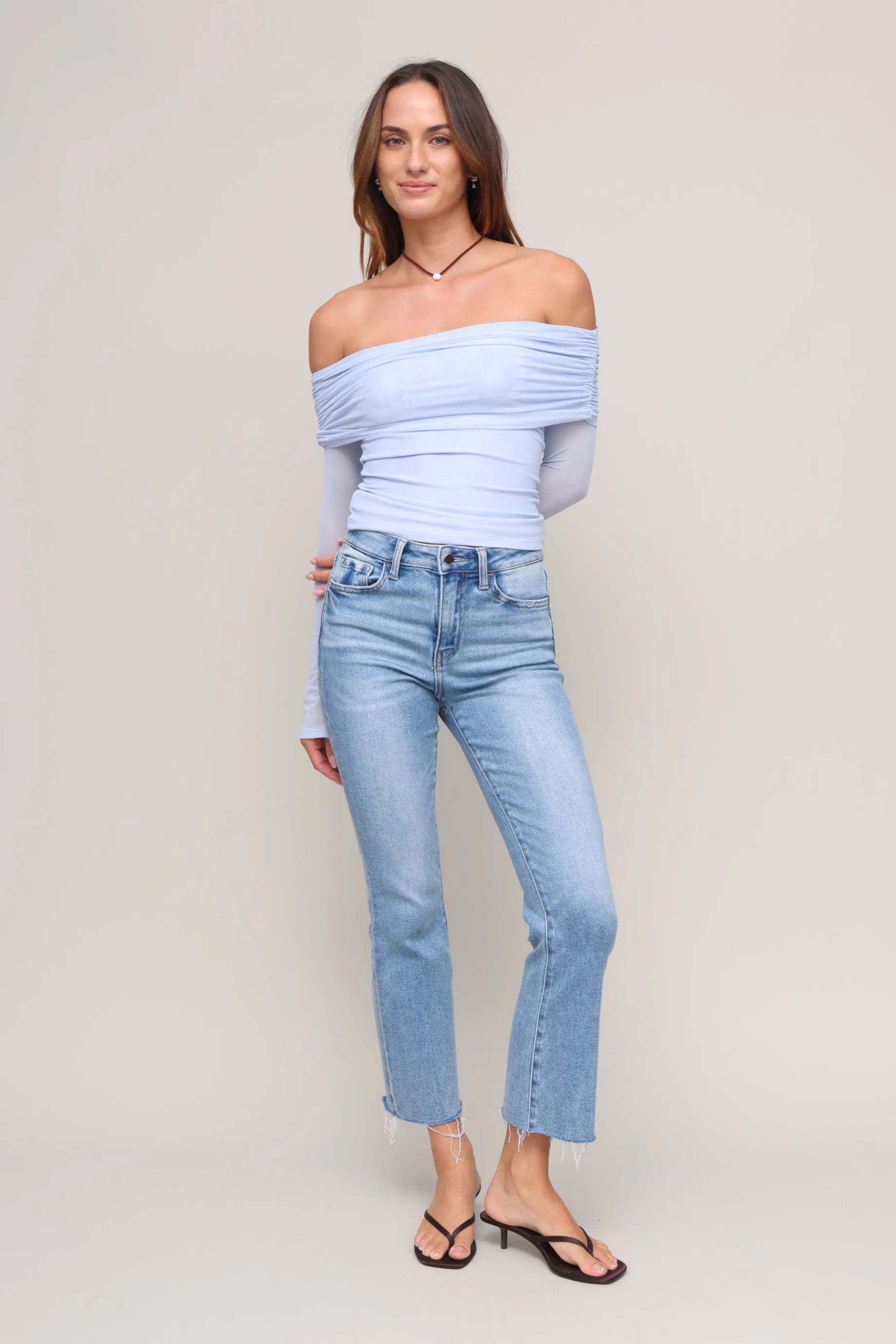 Soft Brushed Finish MultiPurposeUtility Jules Off Shoulder Mesh Shirt