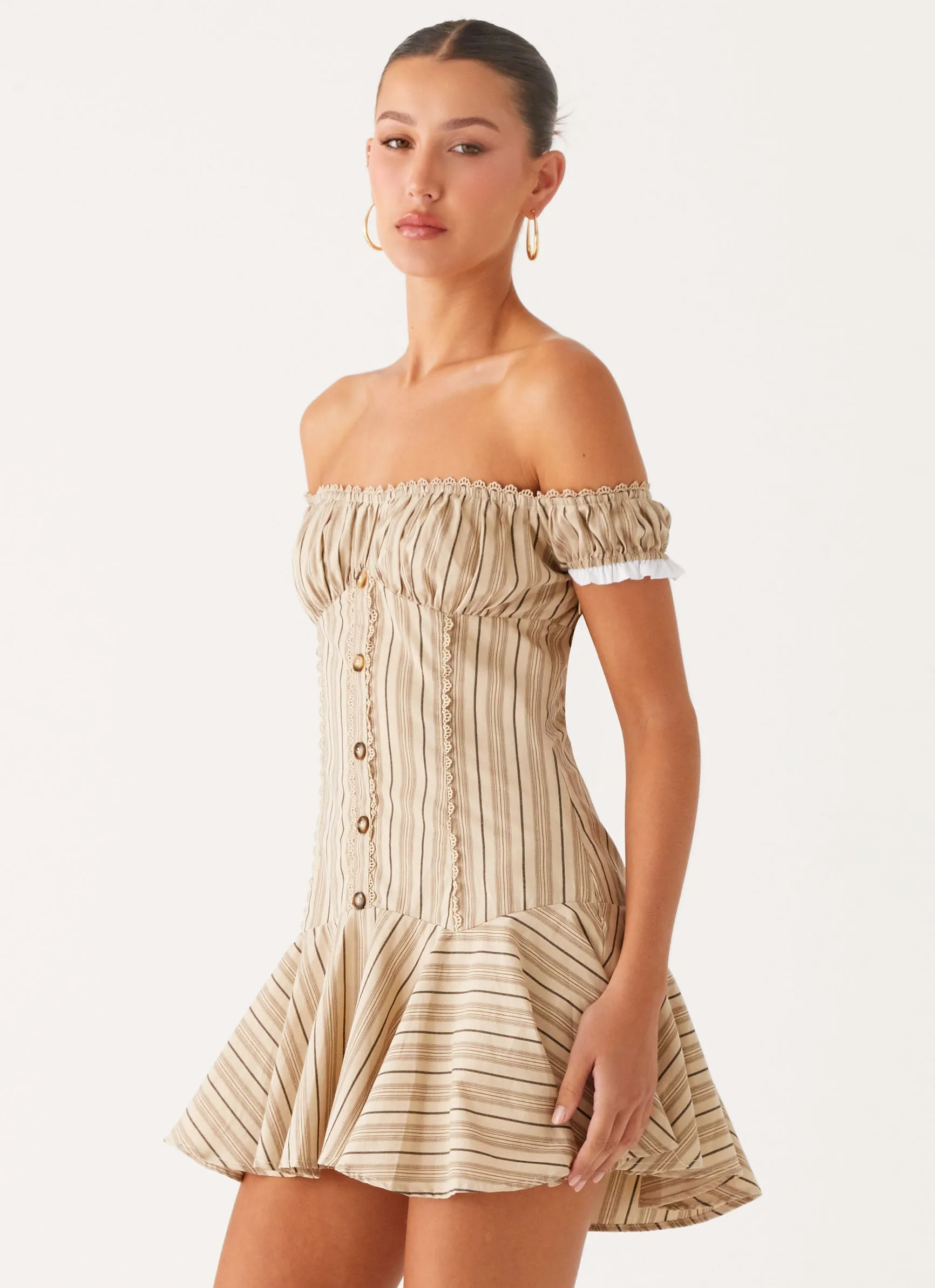 Fold Over Detail Jumana Off Shoulder Mini Dress - Off White Stripe