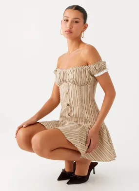 Jumana Off Shoulder Mini Dress - Off White Stripe Breezy Mood Waist Seam