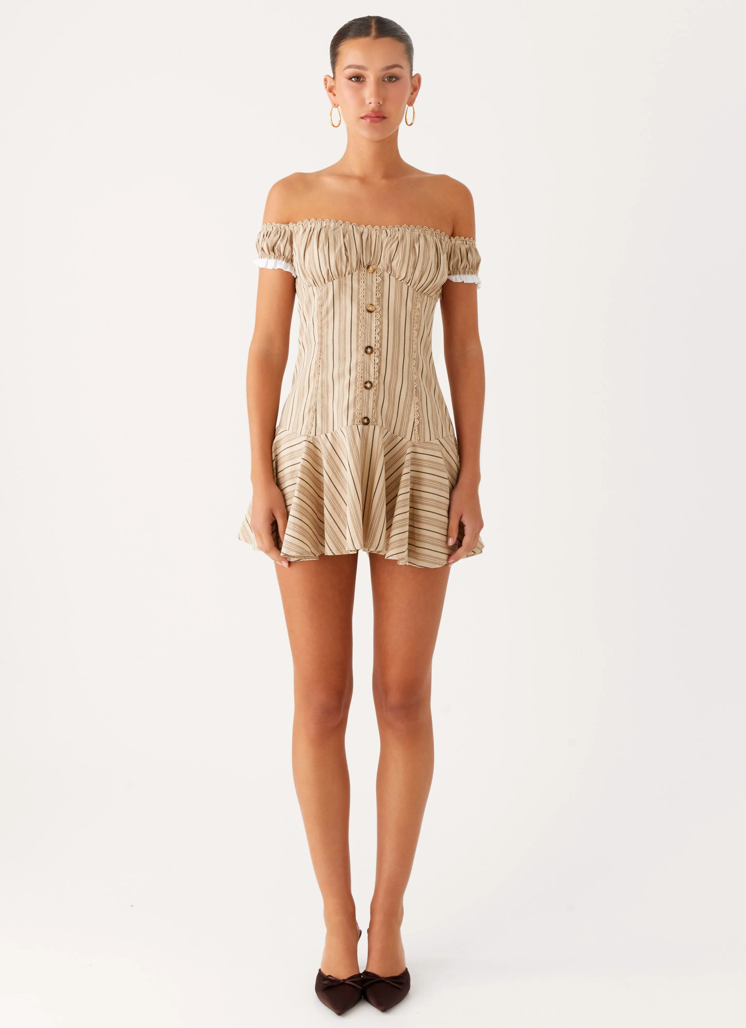 Jumana Off Shoulder Mini Dress - Off White Stripe Silky Surface Event Favorite