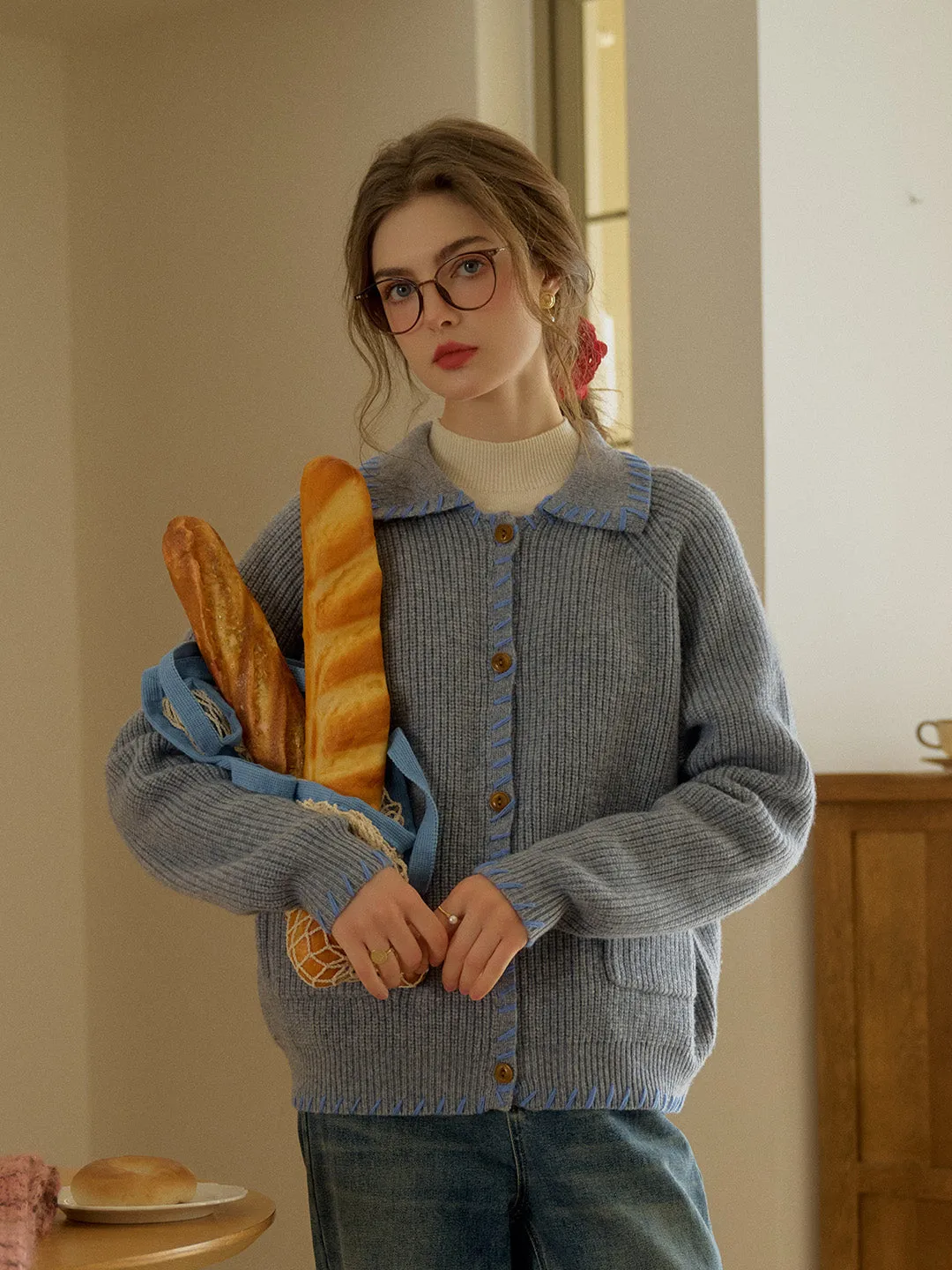 Kahlani Peter Pan Collar Contrasting Embroidered Pocket 100% Wool Cardigan - White Non Restrictive Collar