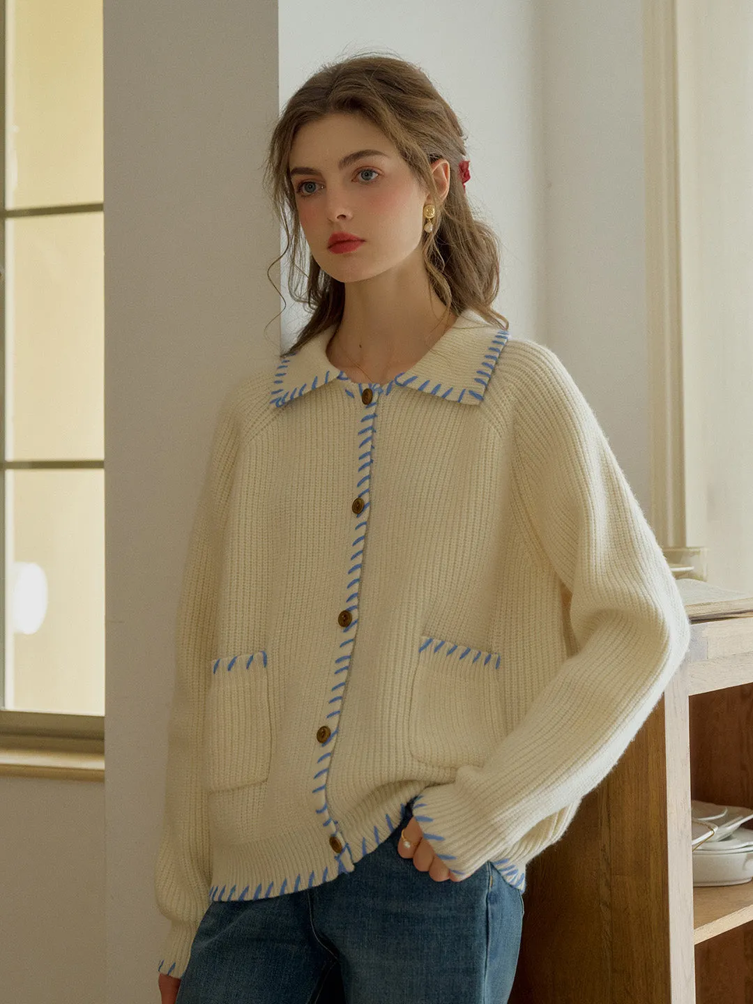 Kahlani Peter Pan Collar Contrasting Embroidered Pocket 100% Wool Cardigan - White Tagless Neckline FrictionFreeNeckline