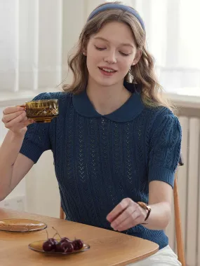 DoubleLayeredFabric Kamryn Small Lapel Hollow Short Sleeve Knit Top