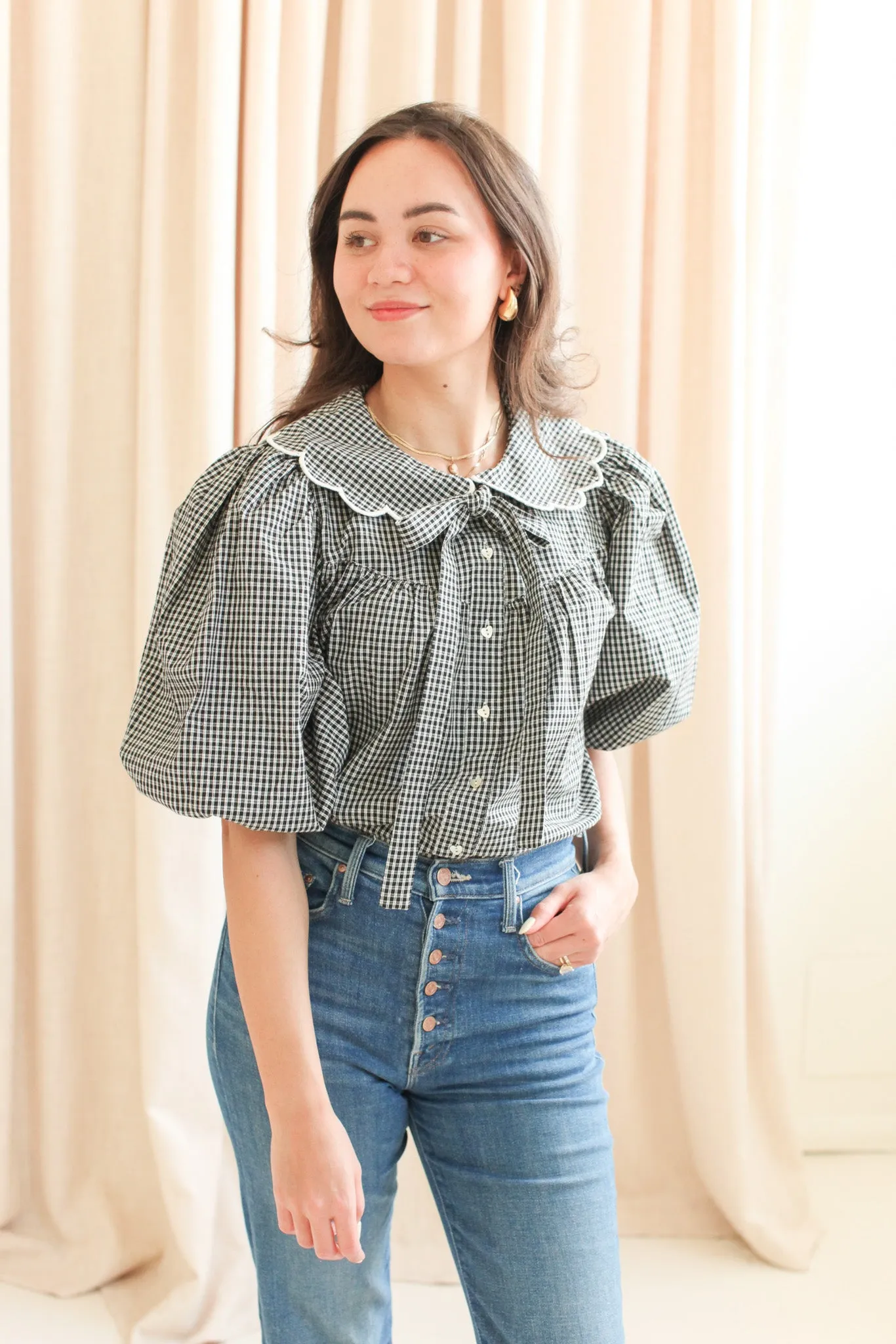 LightReflectiveTrim Katherine Scalloped Blouse - Black