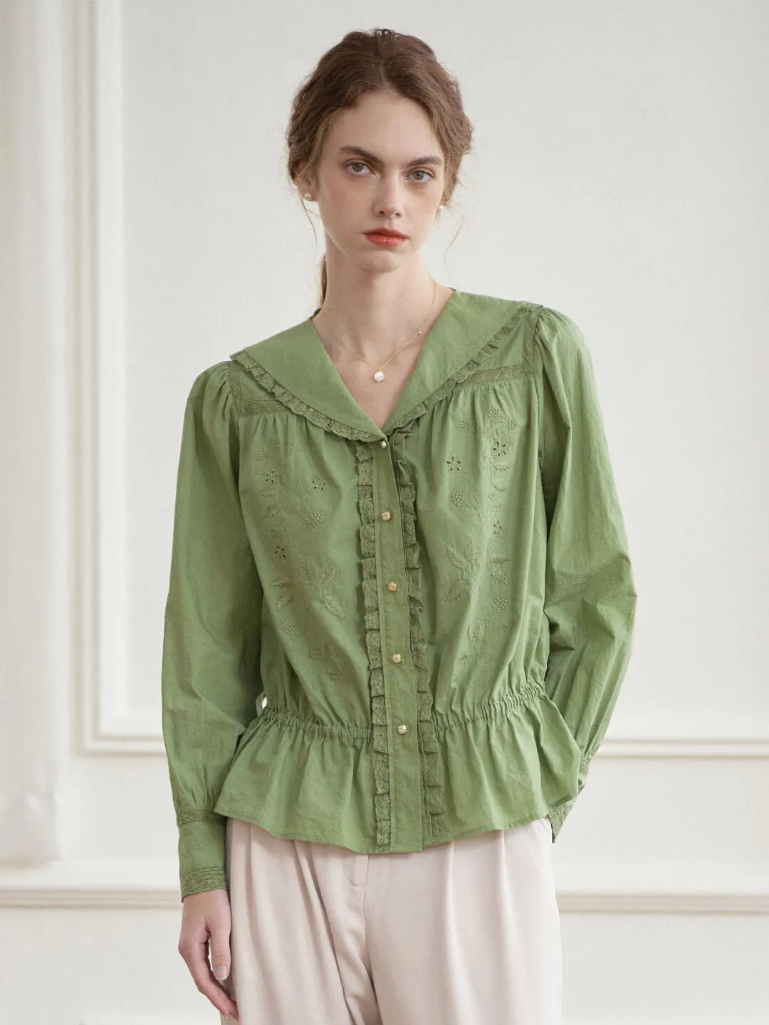 AntiPill Texture Reinforced Shoulder Panels Kaylani V-neck Raspberry Embroidered Lace Blouse