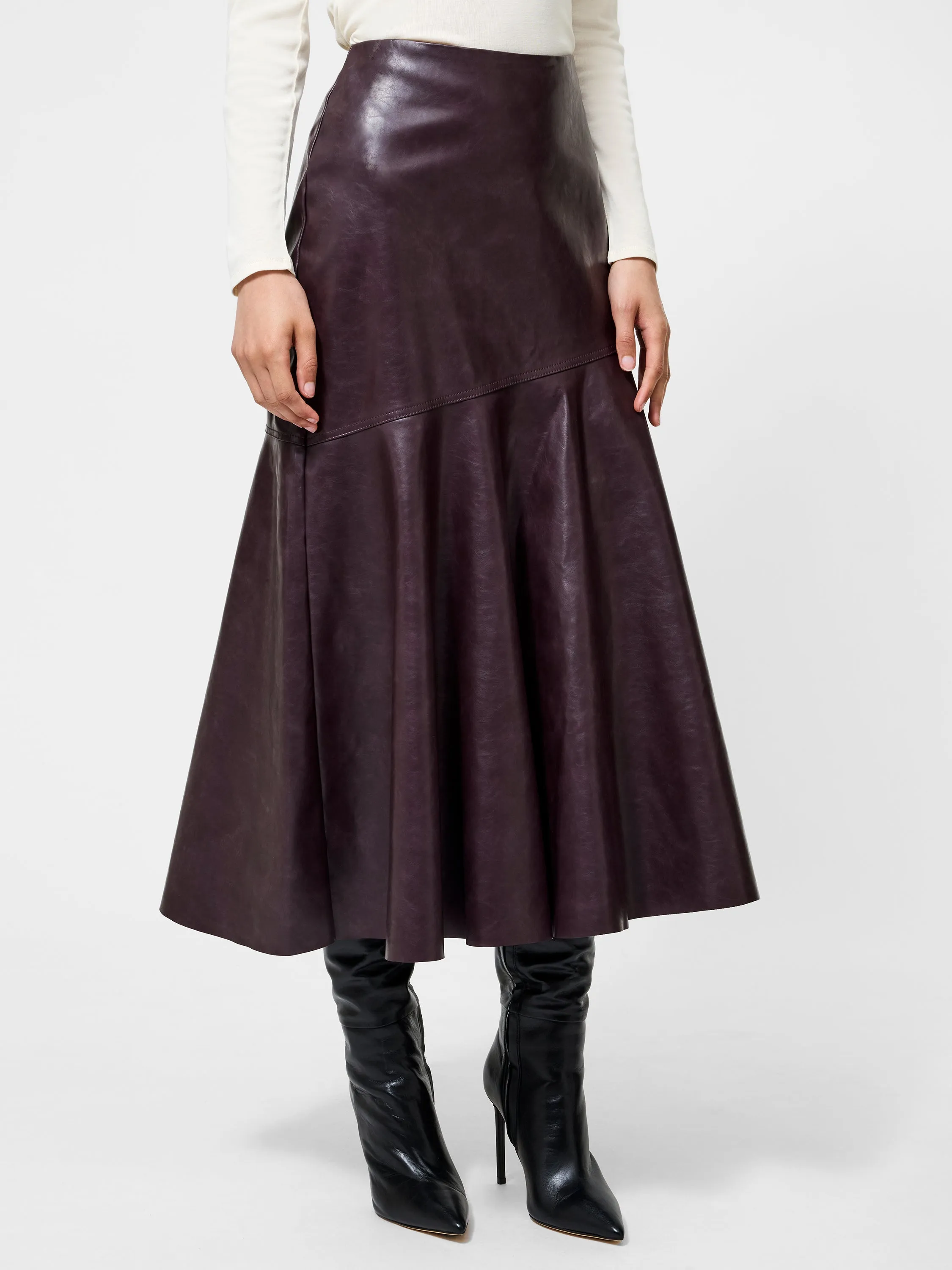 Kayleigh Vegan Leather Midi Skirt Breezy Flow Sleek Detail