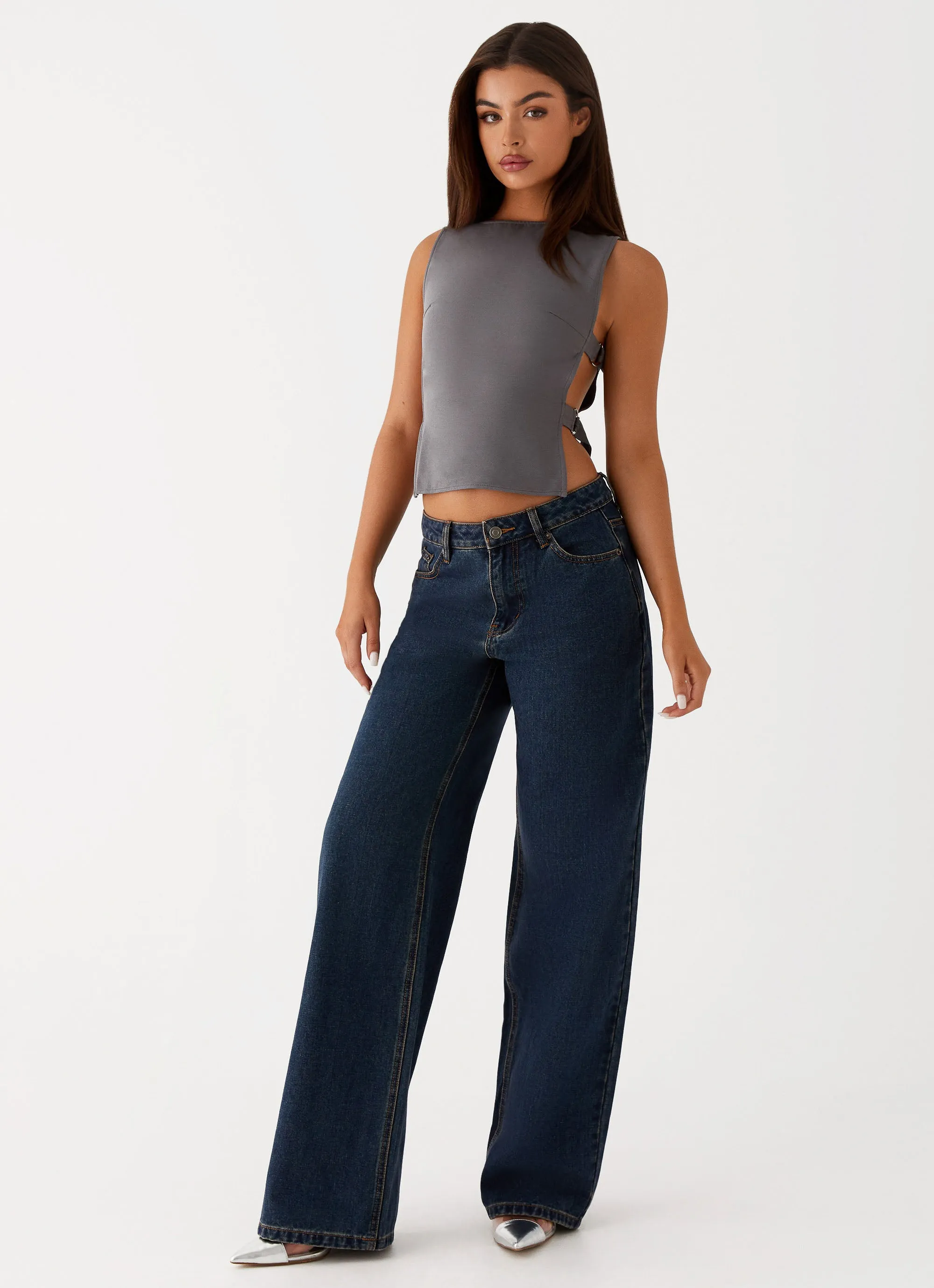 Flared bottom On The Go Keanna Low Rise Denim Jeans - Washed Denim