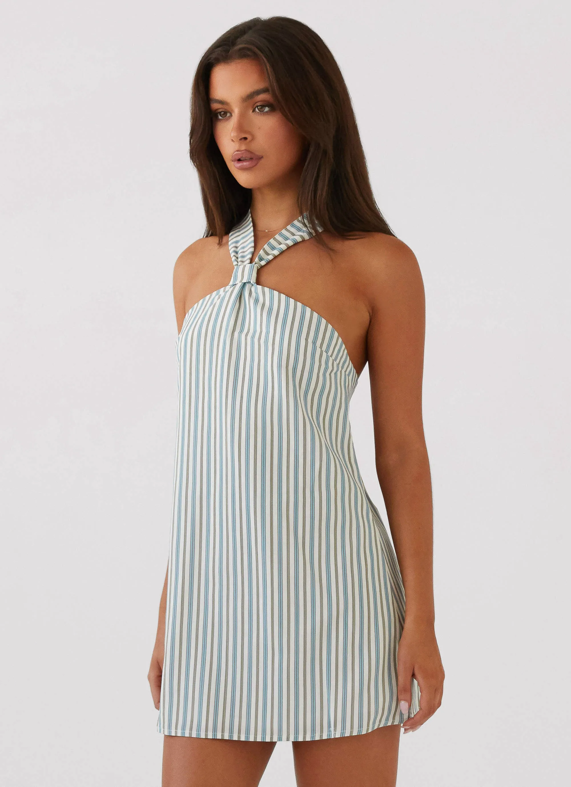 Flared hem Draped Silhouette Keira Linen Mini Dress - Blue Choc Stripe