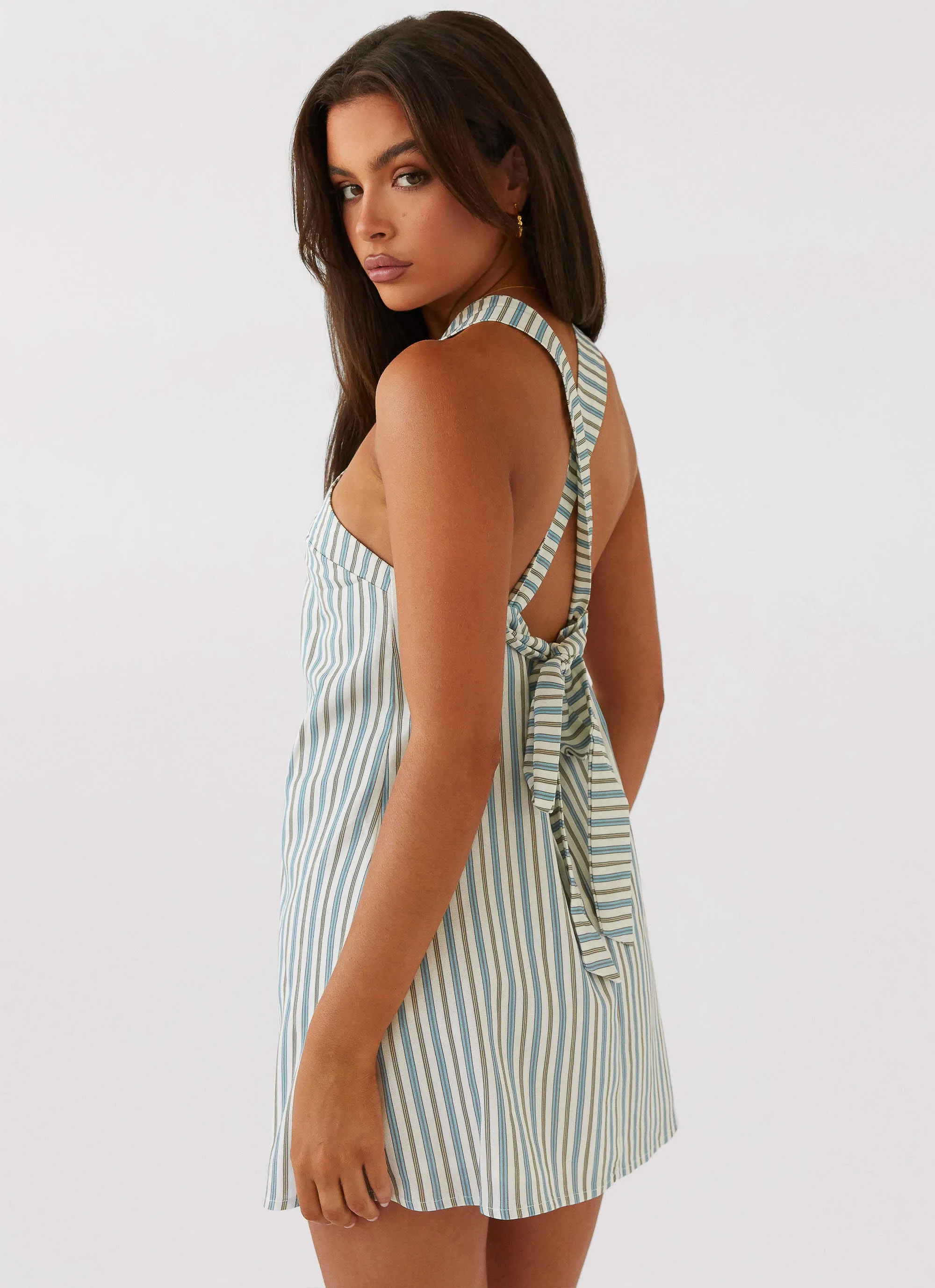 Adjustable Closure Minimal Style Keira Linen Mini Dress - Blue Choc Stripe
