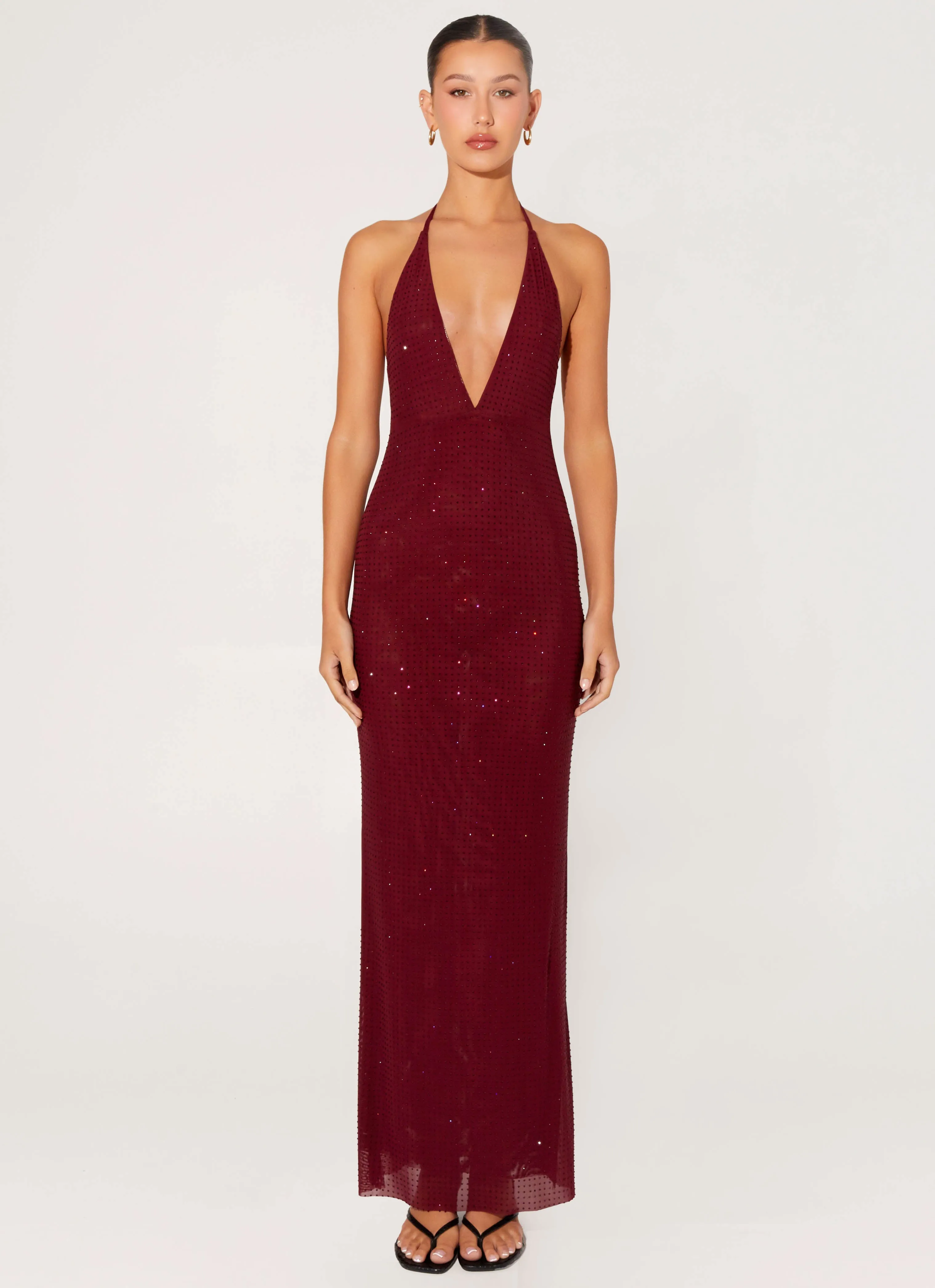 Keliese Beaded Maxi Dress - Burgundy Flared-Hem Vintage Vibe