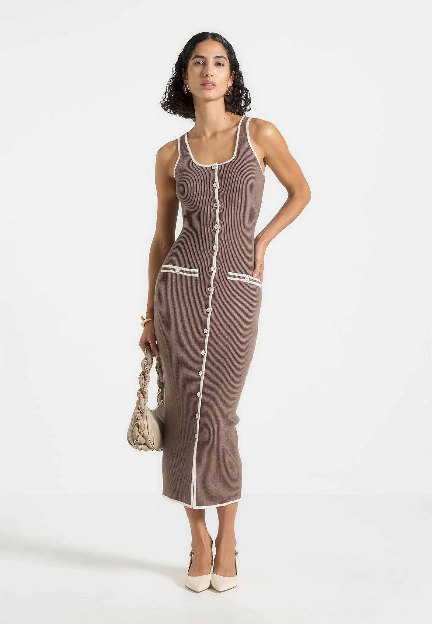 Petite friendly Family Vibe Daphne - Rib Knit Contrast Midaxi Dress - Brown/Cream