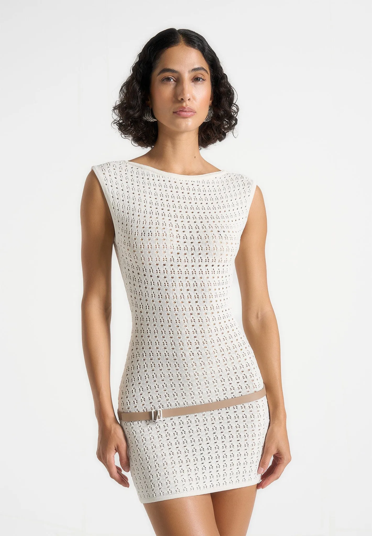 Morning Wear Chic Everyday Wear Keyla - Pointelle Mini Dress With Belt - Cream