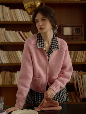 Comfortable Wear Khaleesi Classic Ribbed Crew Neck Pocket 100% Wool Cardigan-Pink