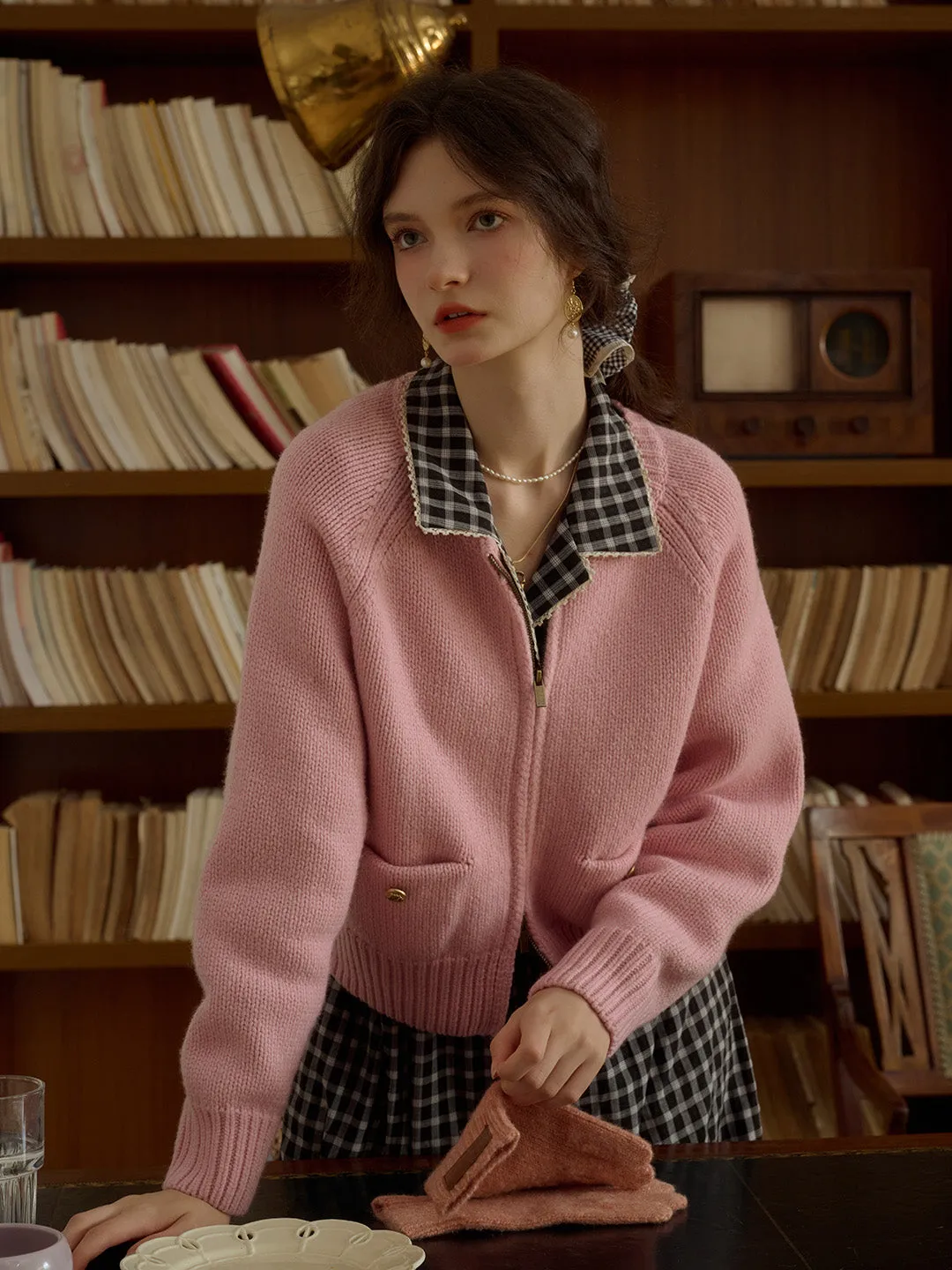 Flexible Knit Fabric Khaleesi Classic Ribbed Crew Neck Pocket 100% Wool Cardigan-Pink