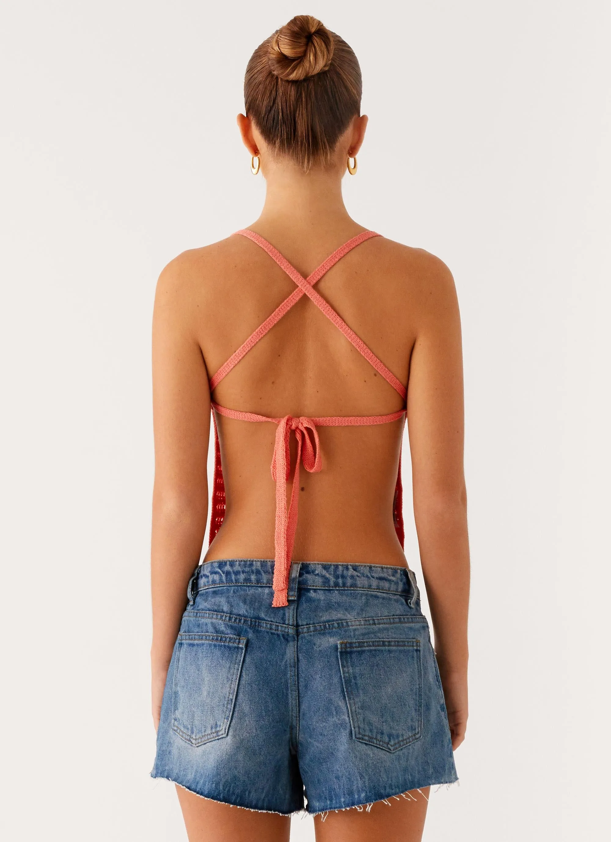 Yarn Dyed Pattern Cloth Recycled Polyester Blend Kia Cross Back Top - Coral