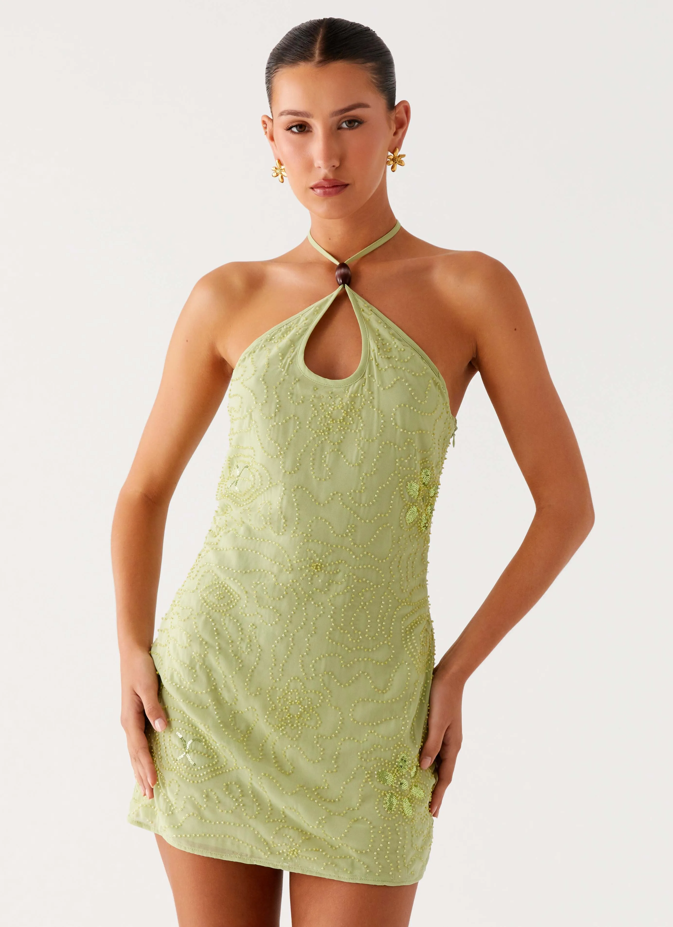 Fitted Look Kiara Beaded Mini Dress - Mint