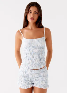 Low Profile Zipper Closure Kimi Ruched Top - Blue Floral