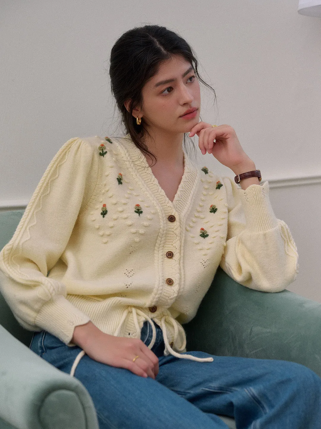 UPFProtection Kira V-Neck Crochet Tie-Waist Wool Sweater