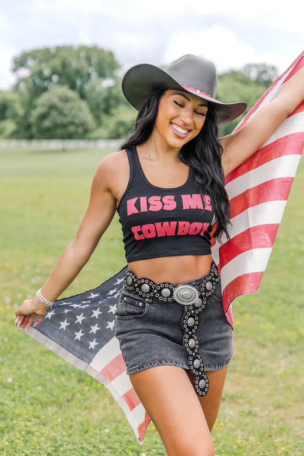 TailoredCut Kiss Me Cowboy Tank- Black