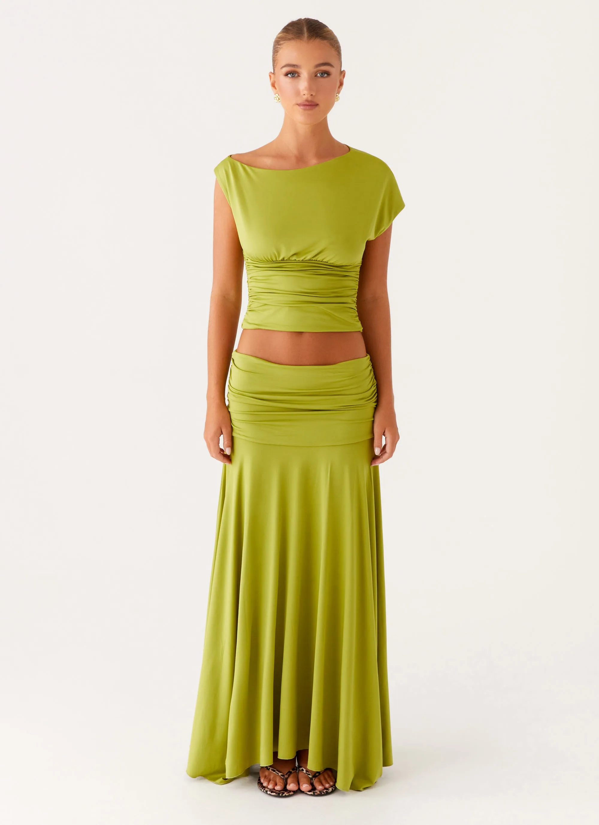 Liana Ruched Maxi Skirt - Green Casual Edge
