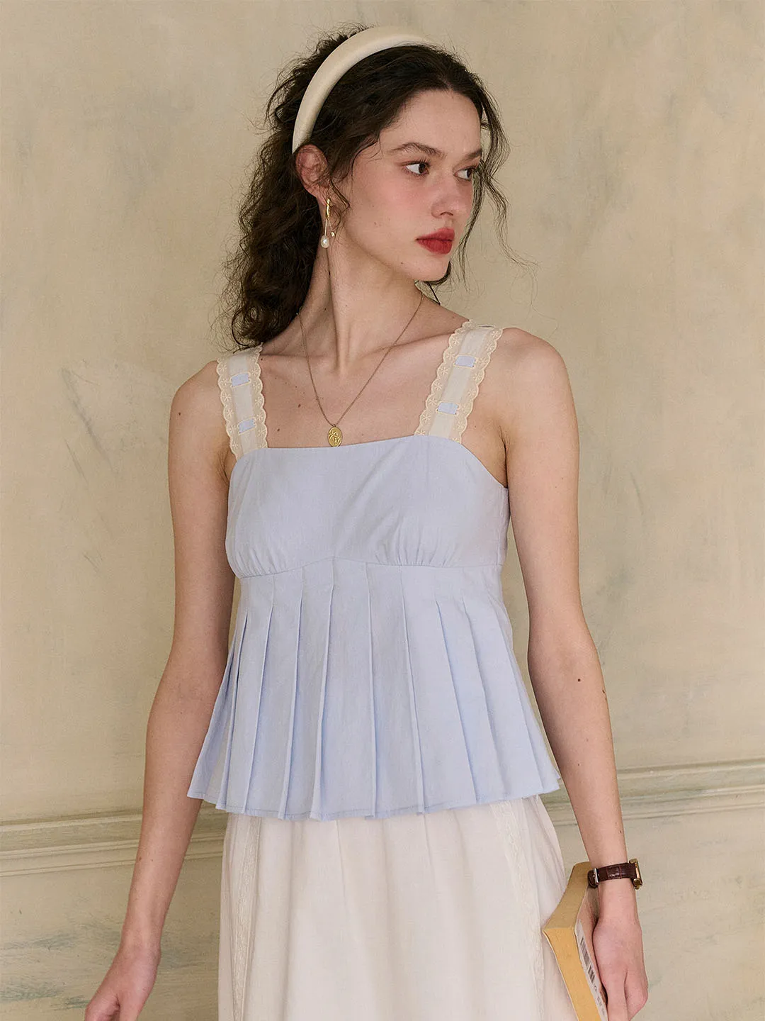 Kora Square Neck Lace Contrast Pleated Cotton Camisole Top Soft Knit HeavyweightThermal