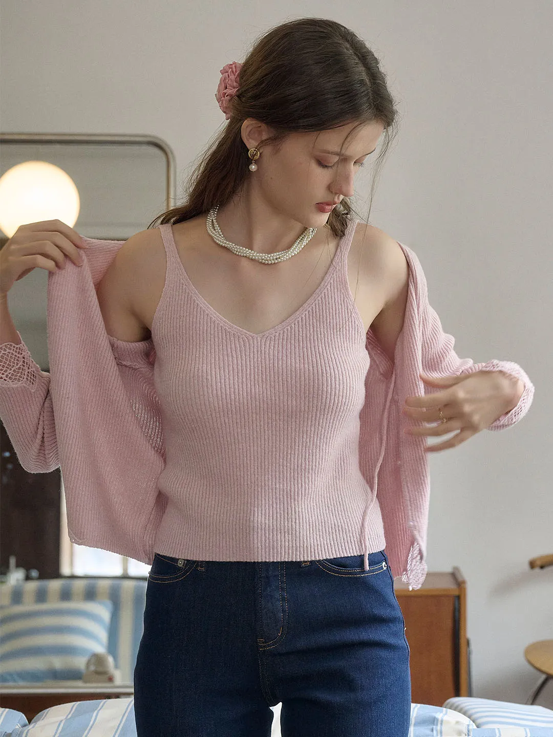 Kyla V-neck Tie Lace Hollow Embroidery Knitted Cardigan Non Chafing Side Seams