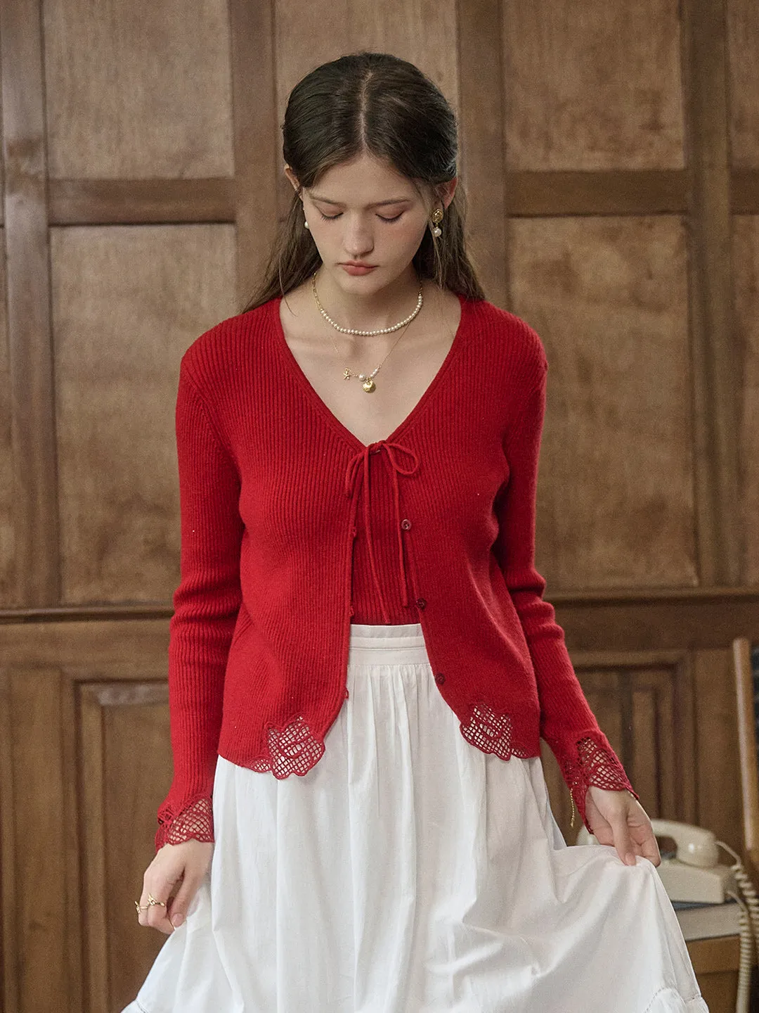 Odor Resistant Fabric Kyla V-neck Tie Lace Hollow Embroidery Knitted Cardigan