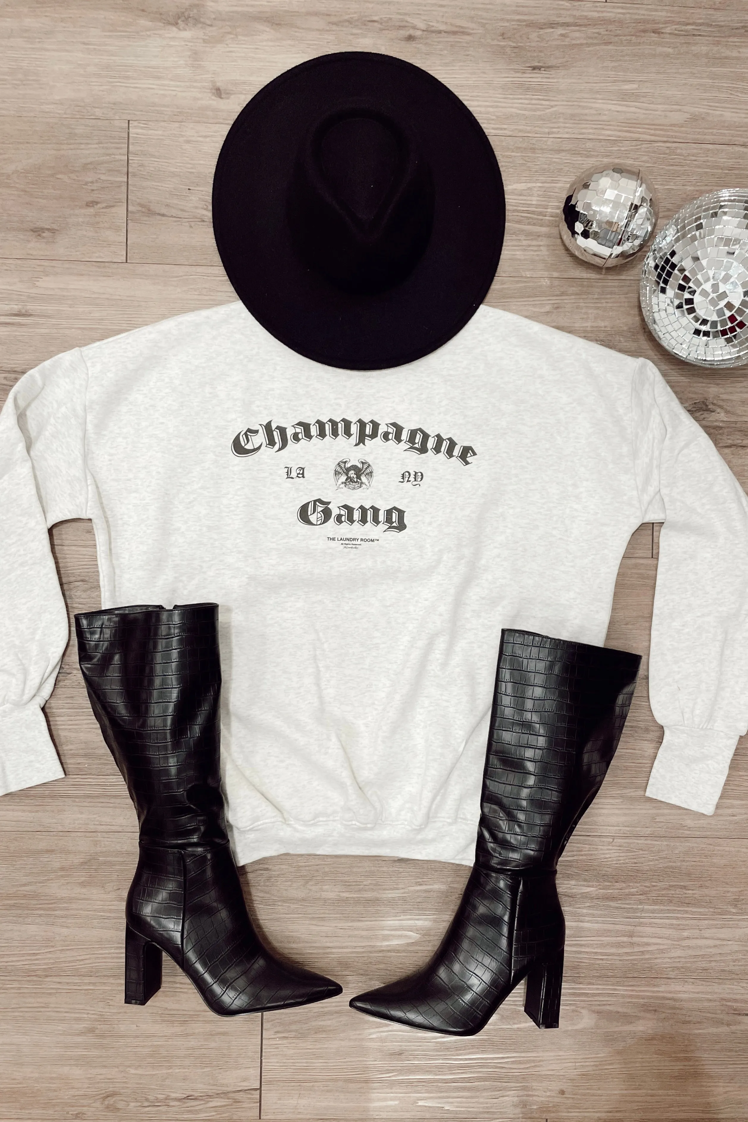 Retro design LA Champagne Gang NY Jumper - Pebble Heather