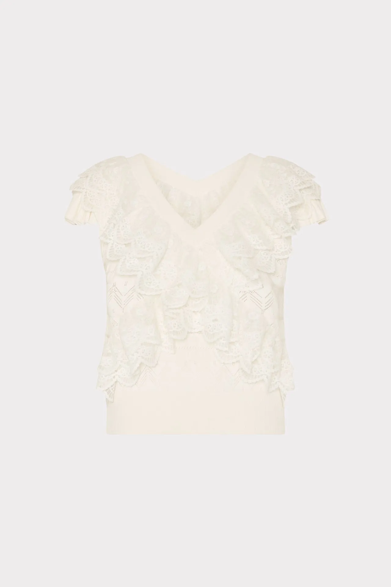Lace Ruffle Knit V-Neck Top RecycledBlend AntiPill Finish
