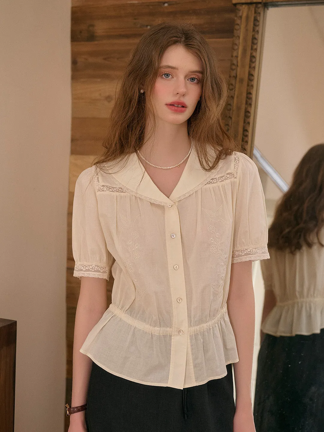 Lacey V-Neck Embroidery Cotton Blouse Garment Dyed Finish WrinkleFree Weave