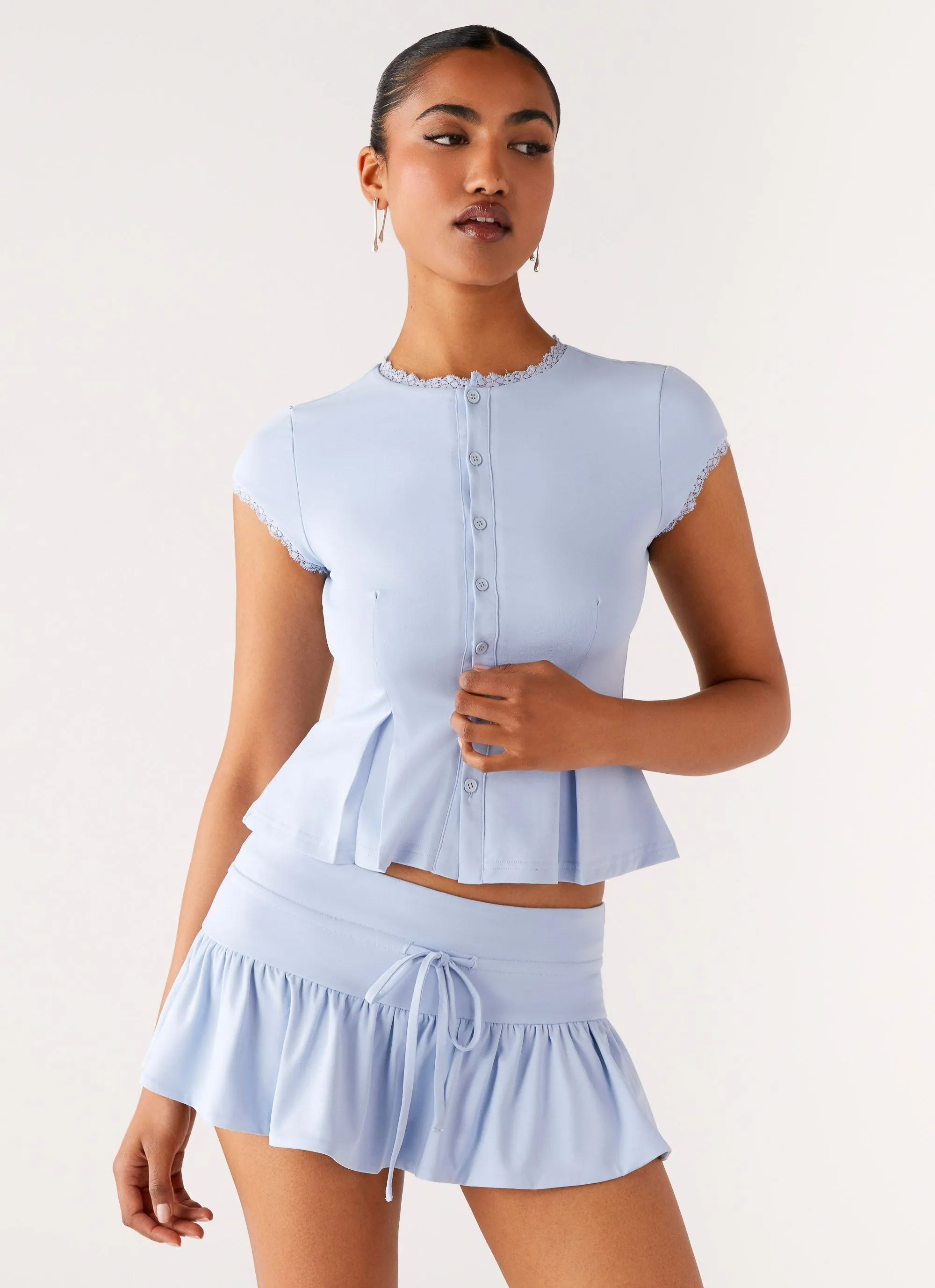 Landon Button Up Top - Blue StretchFabric Low Profile Zipper