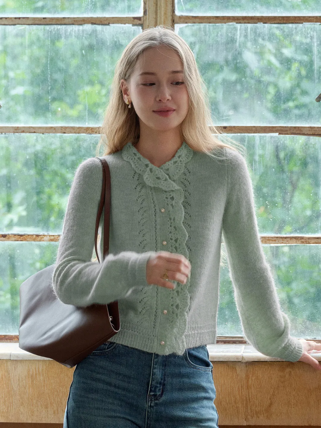 Lauren Wavy Collar Hollow Knit Cardigan DoubleStitched Hemming