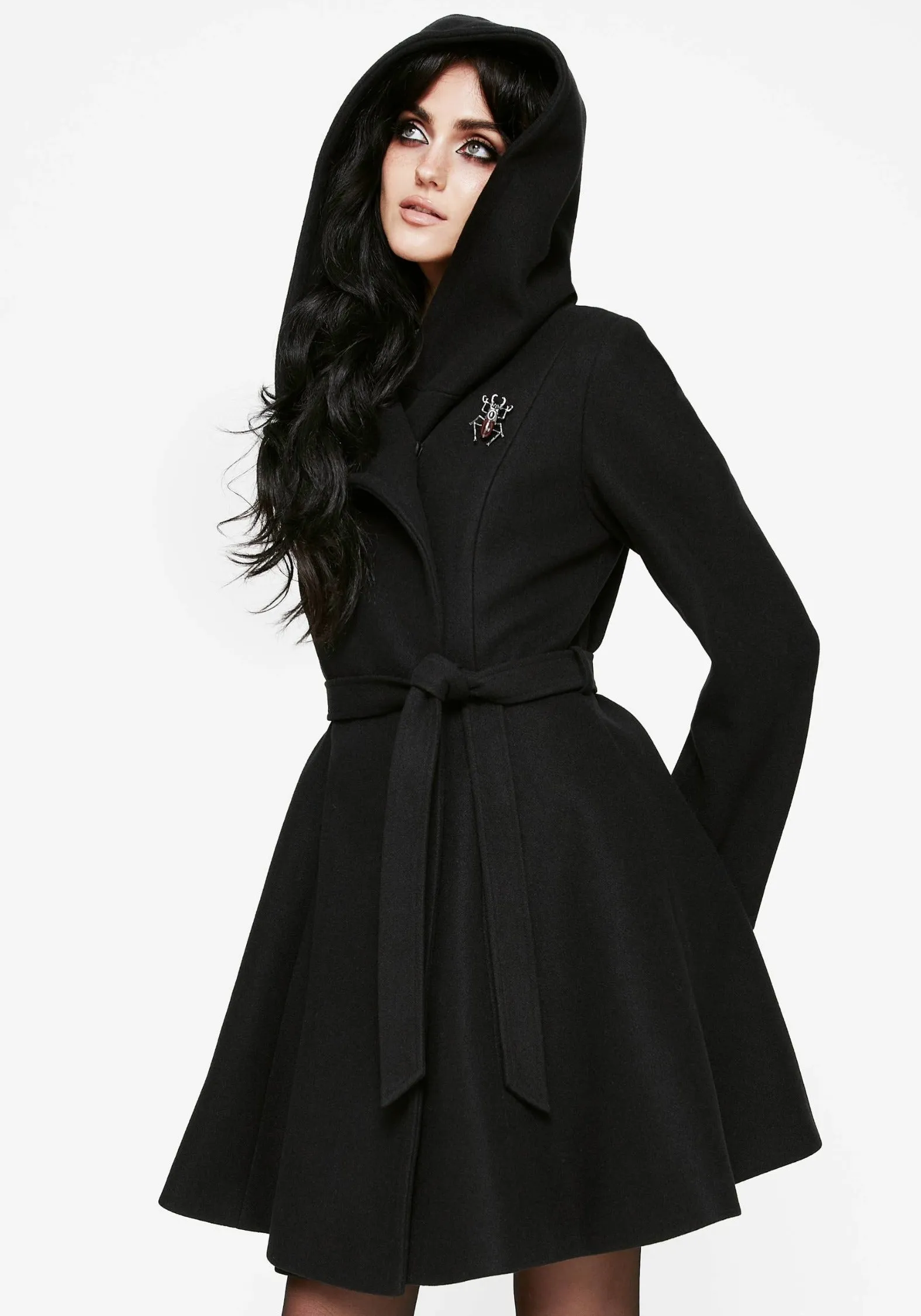 Ventilated Back Panel Camilla Tie Waist Hooded Coat With Bug Brooch