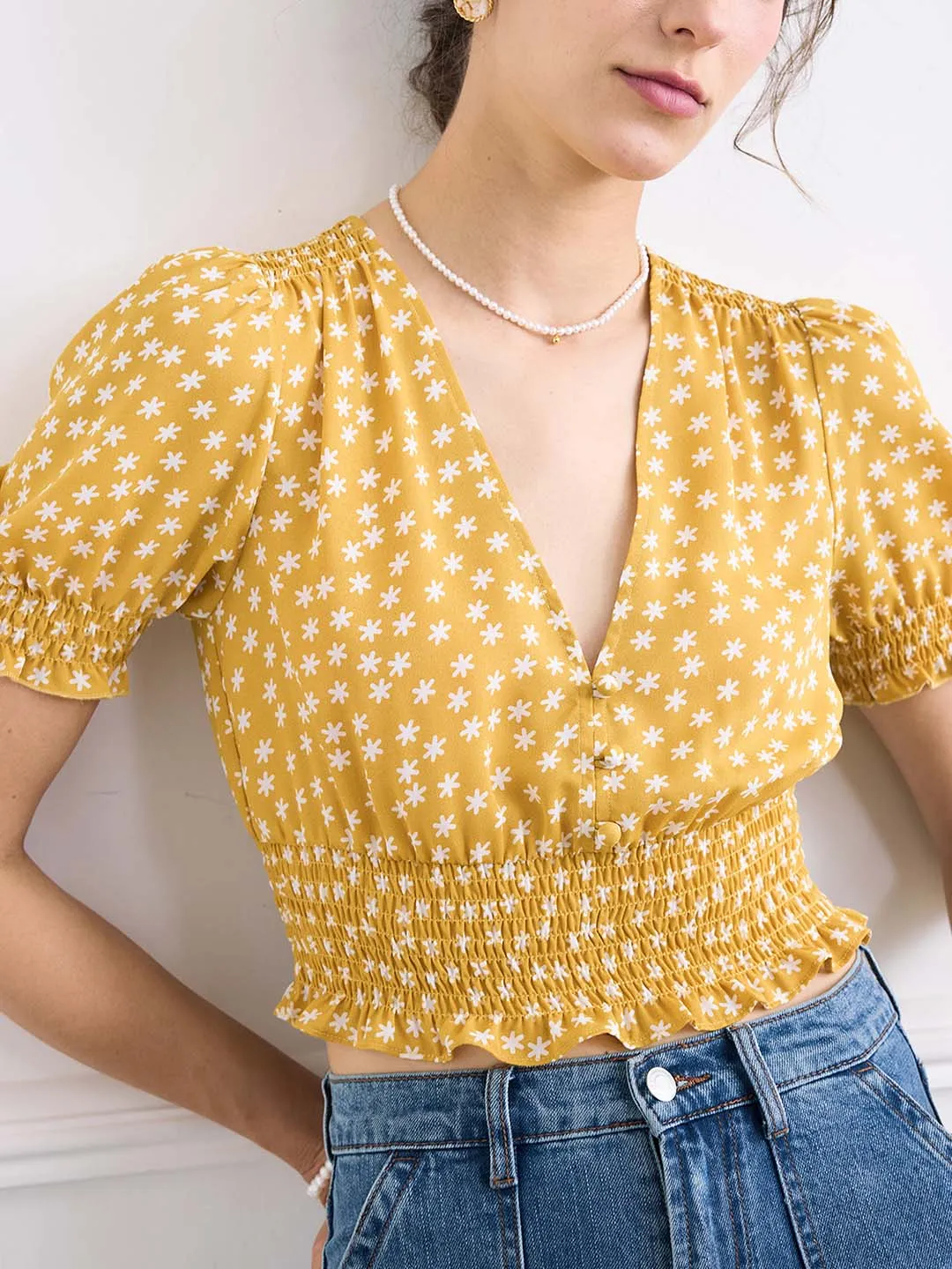 ??Final Sale ??Reina V Neck Puff Sleeve Floral Top Layered Ply Construction