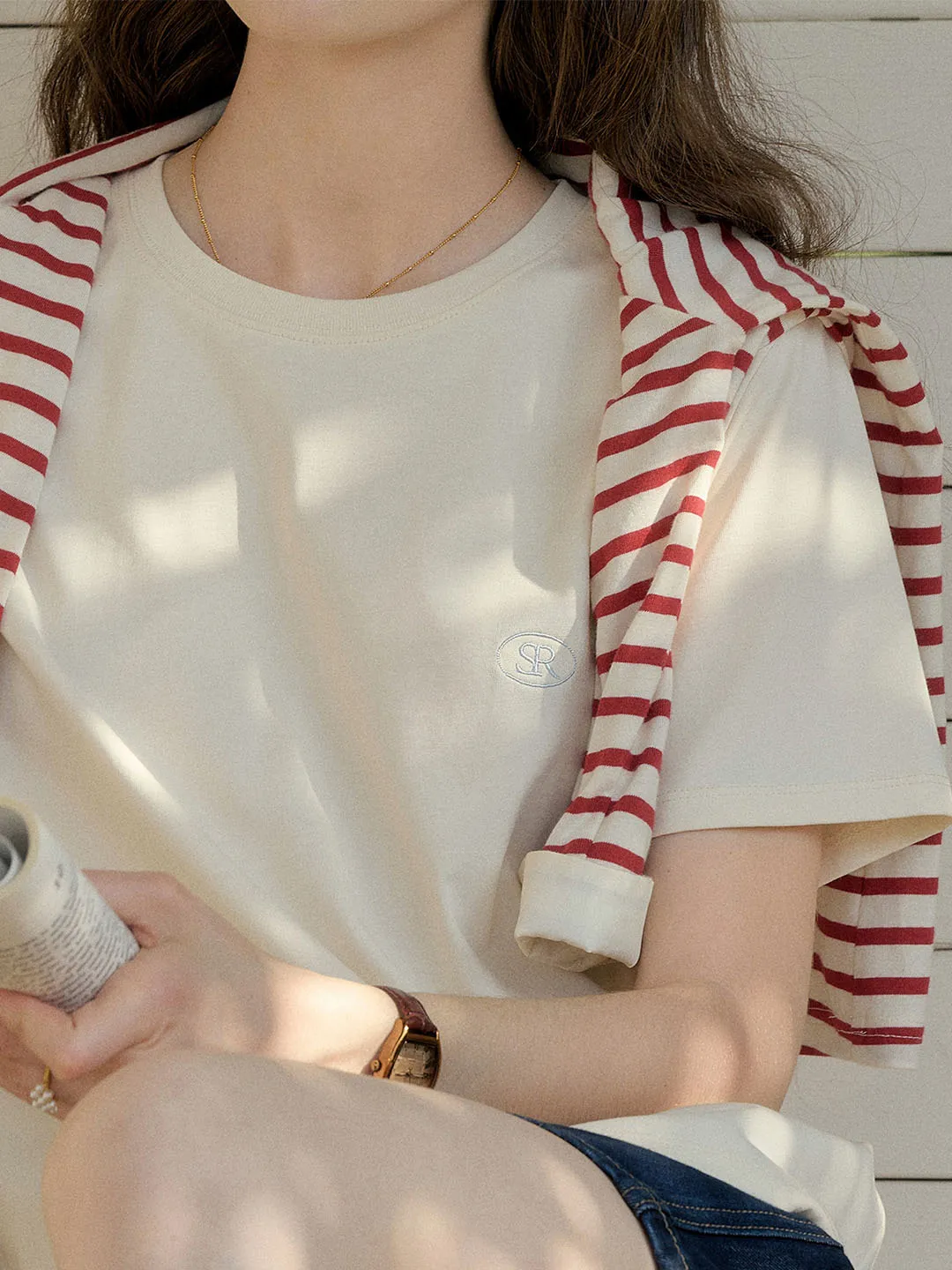 ??Final Sale??Elise Classic Crew Neck Logo Embroidered Cotton T-shirt LayeredCuff Breathable Tank