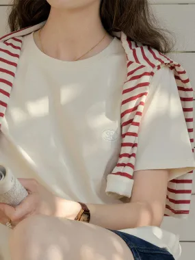 ??Final Sale??Elise Classic Crew Neck Logo Embroidered Cotton T-shirt TaglessLabel Breathable Underarm Gussets