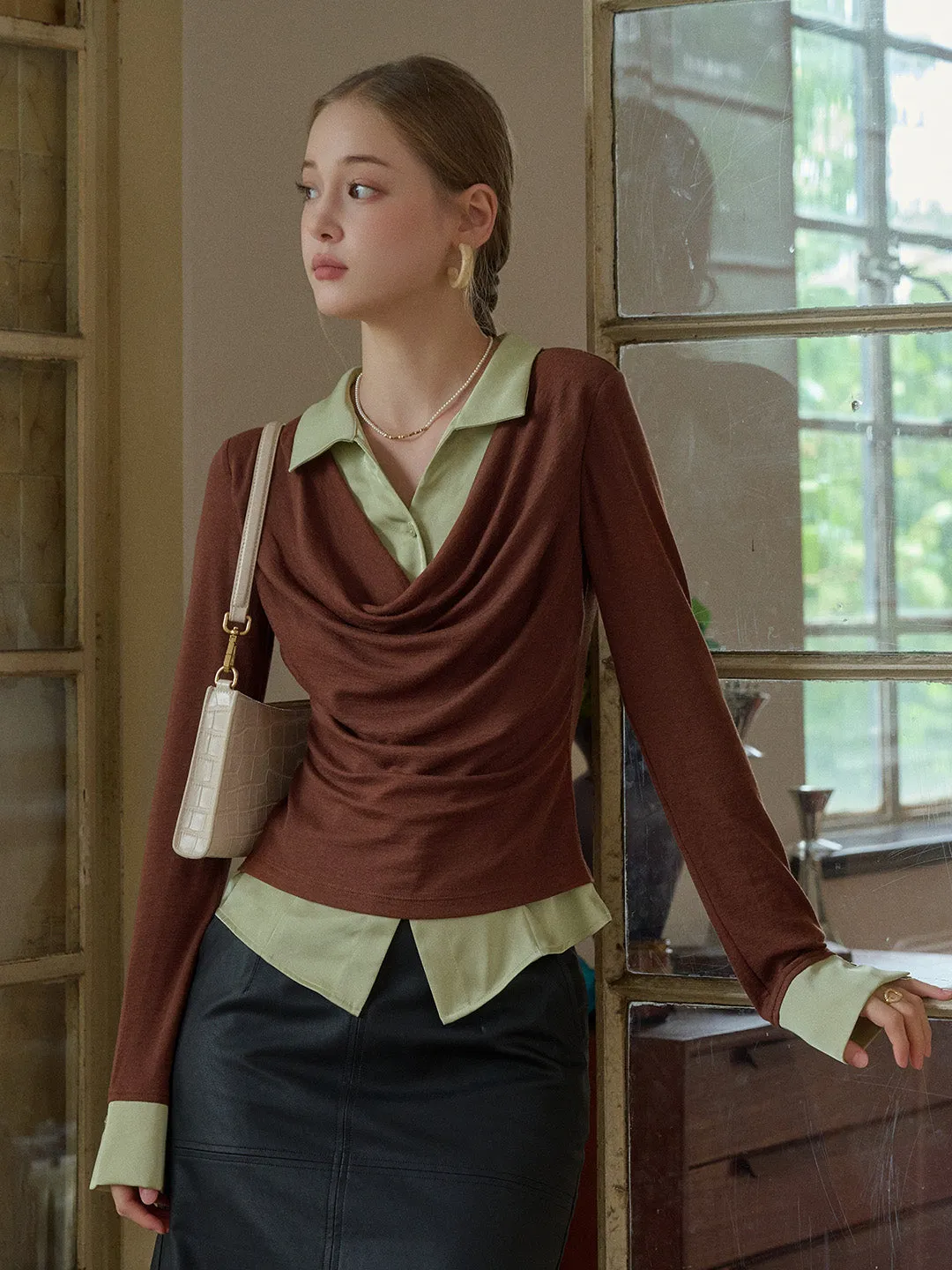 Rosie V-Neck Faux Layered Wool Lyocell Top Convertible Neckline