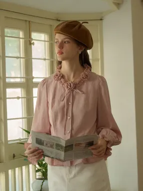 DropShoulderConstruction ButtonlessClosure Davina 3D Rose Bow Round Neck Cuff Splicing Trim Blouse