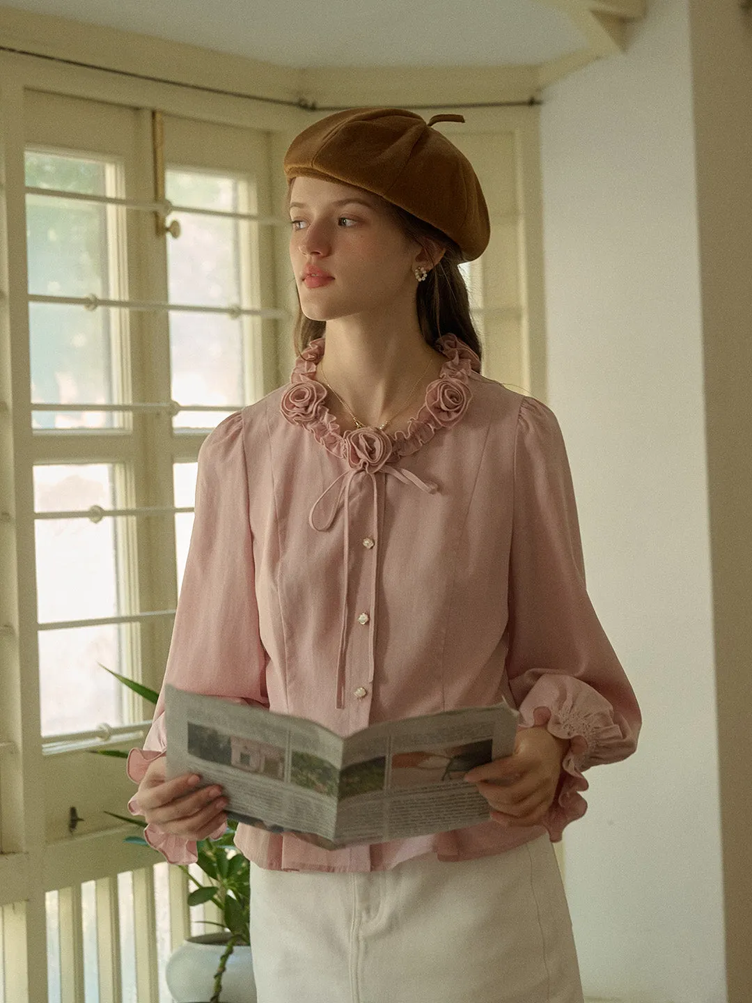 DropShoulderConstruction ButtonlessClosure Davina 3D Rose Bow Round Neck Cuff Splicing Trim Blouse