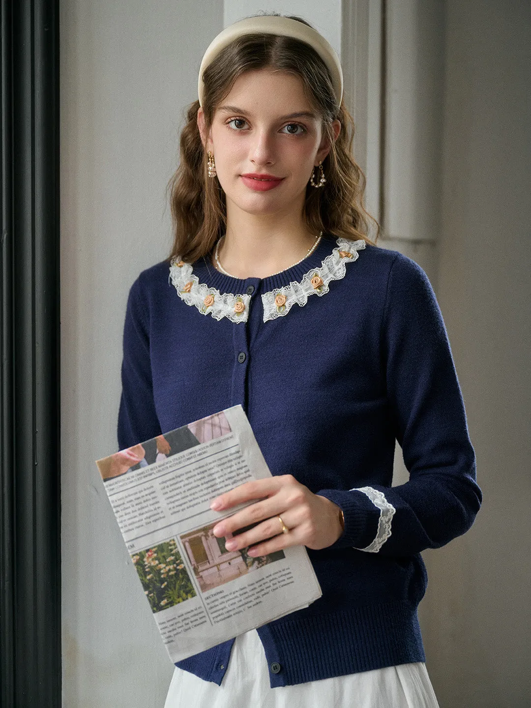 ??Final Sale??Soleil Round Neck Lace Cardigan Reinforced Elbow Patches