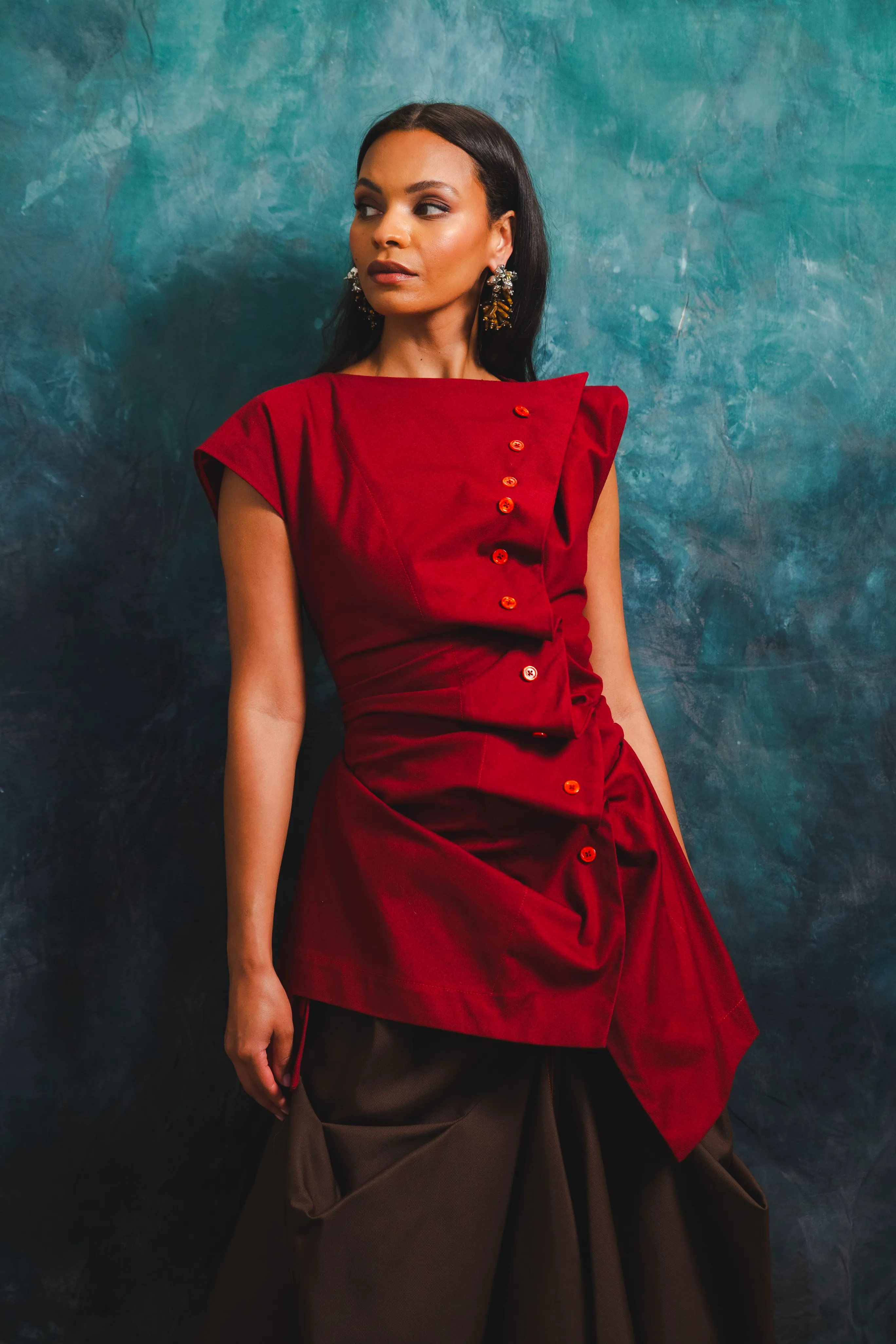 FoldableFeature Fade Resistant Treatment Pleated Button Blouse with Lace Up Back