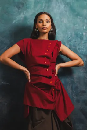 Summer Wardrobe LowImpact Manufacturing Pleated Button Blouse with Lace Up Back