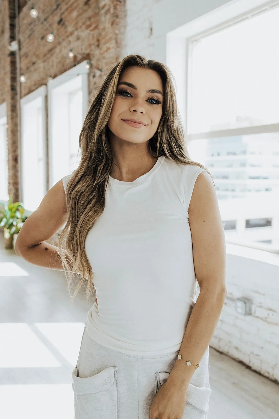 MultiPocket Configuration Drop Shoulder Serene Skyline Cap Sleeve Tee